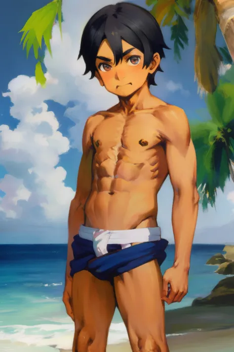 uploaded on e621, explicit content, 3d, aiser0, tokifuji, male, solo, (Mahatma Gandhi), fate grand order, beach setting, small penis, petite figure, (male jock-strap), thick thighs, wide hips, toned stomach, lean,three-quarter portrait, closeup, young boy