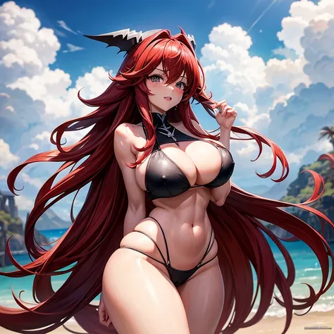 Rias gremory en bikini negro ajustado con medias blancas de muslos grandes y pechos grandes