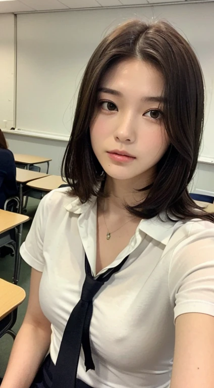 （farming style, deph of field, plow, Tools.）(top-quality, High resolution, masutepiece:1.3), Tall and slim woman with an elegant figure, (Short dark brown hair), Wearing a school uniform, in class room, Every detail of the face and skin texture is precisel...