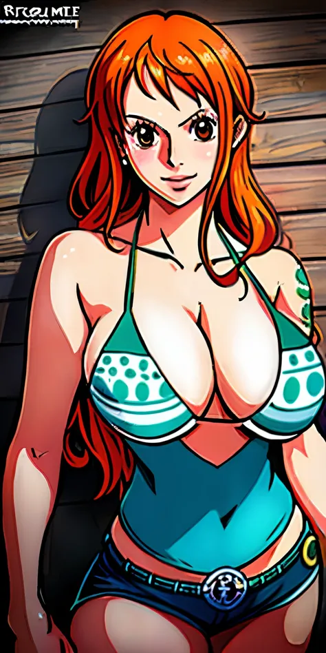 An arafe woman wearing a bikini top and shorts and holding a sword, nami one piece, beautiful portrait of nami, Nami of one piece, Nami, Detailed Digital Anime Art, cutesexyrobutts, Very detailed ArtGerm hahahaha, deviantart artstation cgscosiety, realisti...