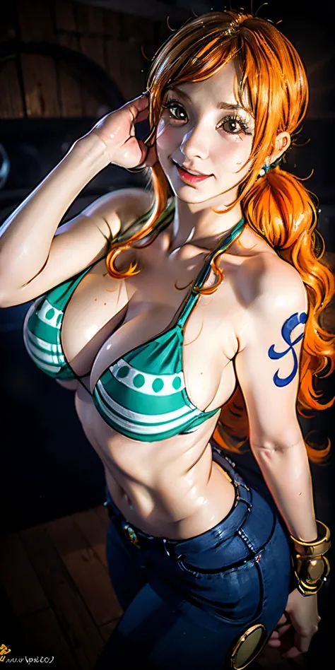 1 Girl Nami One Piece,17 age、poneyTail、Beautie、large boob,Orange hair,Yellow eyes,hight resolution,A hyper-realistic, Ultra Detail