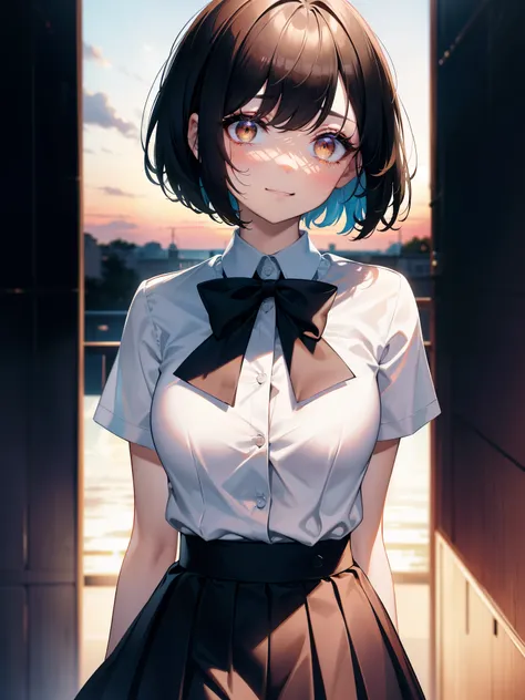 (Obra maestra, La mejor calidad, ultrahigh resolution), 1girl, school uniform, white office shirt, black pleated skirt, light brown hair, bob cut, pale skin, (orange eyes), glowing_eyes, neon eyes, ultra detailed eyes, beautiful and detailed face, detailed...