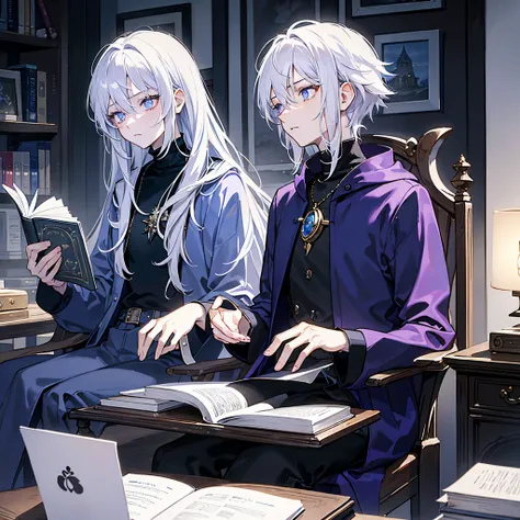 Masterpiece, best quality, high quality, ultra detailed, 1boy, platinum white hair, Melancholic, blue and purple gradient eyes, long eyelashes, Messy hair, right side lock hair is little long, Wear a black turtleneck, dark purple manteau, he is a wizard, S...