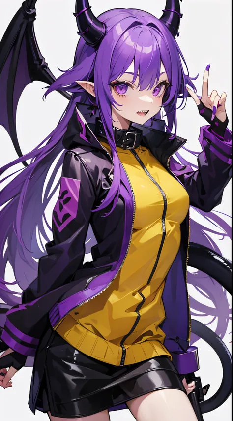 An anthropomorpic devil girl with purple skin and a long devil tail and purple devil horns and sharp teeth wearing a yellow jacket