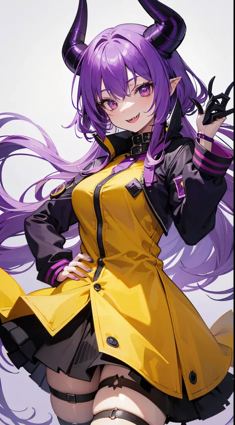 An anthropomorpic devil girl with purple skin and a long devil tail and purple devil horns and sharp teeth wearing a yellow jacket