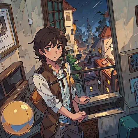 A tall anime man with brown hair, he is standing on a balcony. He is looking over the edge down to a ball room.