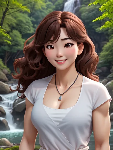 attractive korean woman, ripped muscle, muscular body, small breast, pale skin, smile(blush), chemise, thin necklace, sixpack abs, [ultra detailed skin:1.2], brown hair, wavy hair, 8k uhd, full body, crowd, public, forest, waterfall, standing,