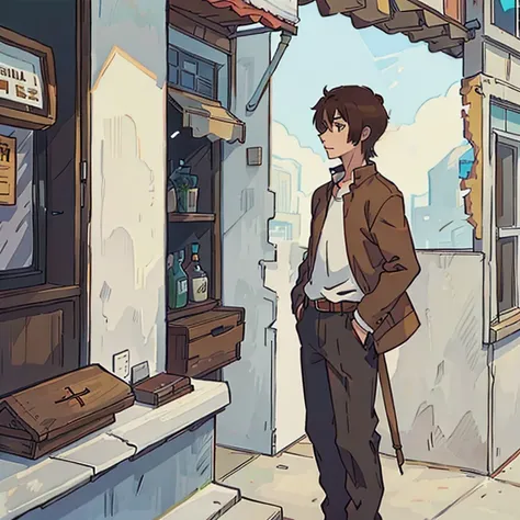 A tall anime guy with brown hair, he is standing on a balcony.