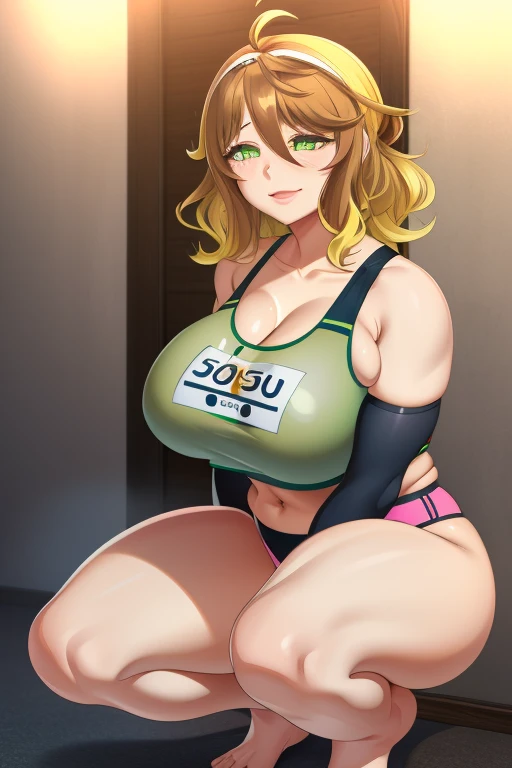 amicia michella - nijisanji, 1girl, (((bimbo))), brown short hair, yellow inner hair, wavy hair, green eyes, (((bimbo))), thin lips, painted lips, shy smile face, wide hips, thick thighs, huge round ass, shiny oily breasts, sports bra, full body, gym, squa...