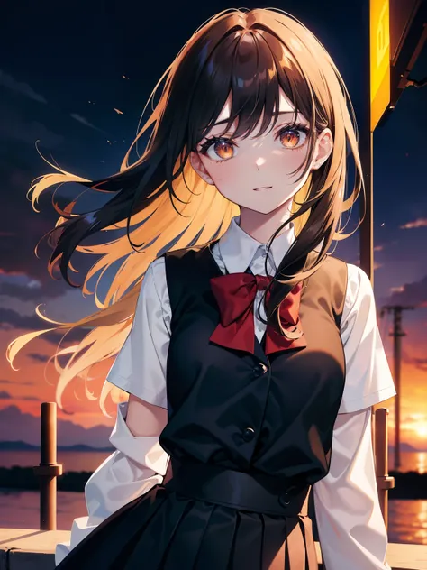 (Obra maestra, La mejor calidad, ultrahigh resolution), 1girl, school uniform, white office shirt, black pleated skirt, light brown hair, long hair cut, pale skin, (orange eyes), glowing_eyes, neon eyes, (ultra detailed eyeeautiful and detailed face, detai...