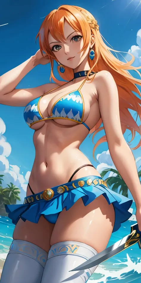 An arafe woman wearing a bikini top and super miniskirt and holding a sword, nami one piece, beautiful portrait of nami, Nami of one piece,Nami in super miniskirt, Detailed Digital Anime Art, Cute exirobat showing white pants, Very detailed ArtGerm haha, d...