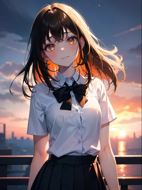 (Obra maestra, La mejor calidad, ultrahigh resolution), 1girl, school uniform, white office shirt, black pleated skirt, light brown hair, long hair cut, pale skin, (orange eyes), glowing_eyes, neon eyes, (ultra detailed eyes, beautiful and detailed face, d...