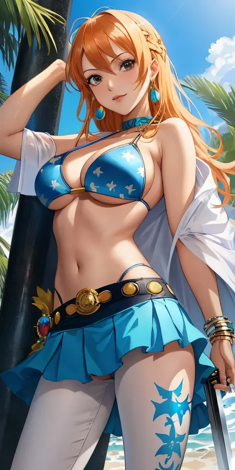 An arafe woman wearing a bikini top and super miniskirt and holding a sword, nami one piece, beautiful portrait of nami, Nami of one piece,Nami in super miniskirt, Detailed Digital Anime Art, Cute exirobat showing white pants, Very detailed ArtGerm haha, d...