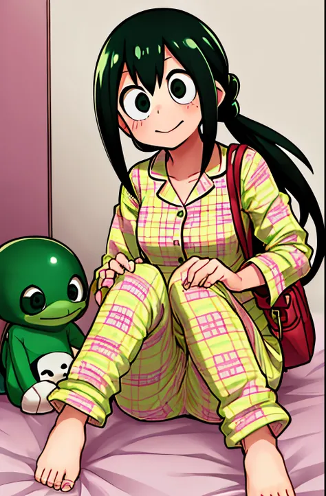 horikoshi kouhei, 1girl in, Tsuyu lived, Cute Pajamas, Handbag, boku no hero academia, hightquality, looking at away, Women value, on the beds