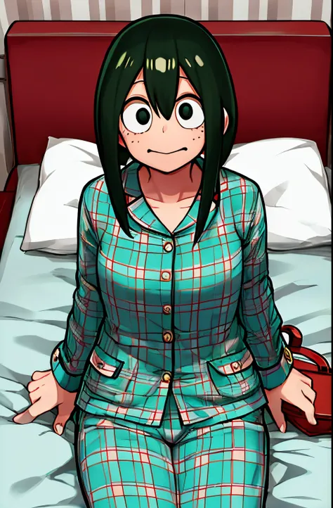 horikoshi kouhei, 1girl in, Tsuyu lived, Cute Pajamas, Handbag, boku no hero academia, hightquality, looking at away, Women value, on the beds