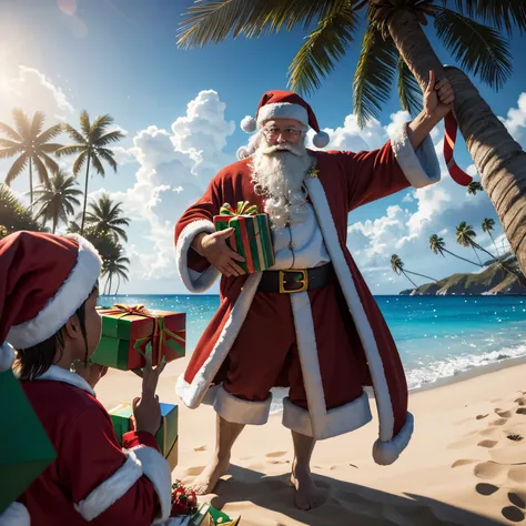 super high quality, 8k, RAW photo, realistic, detailed and delicate depiction and flashy and dynamic painting method, After distributing Christmas presents to children, Santa Claus gathers on a beach on a southern island and has a party, Decorating a Chris...