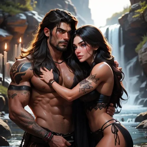 Muscular Handsome short-haired barbarian man absolutely surrounded and being hugged and touched by (((three))) sexy Goth witch women harem girlfriends bitches feeling every inch of his body, wrestling , hugging, tackling, Flirtatious, under a waterfall, wo...