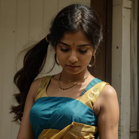 Indian , sleeveless saree , tying hair