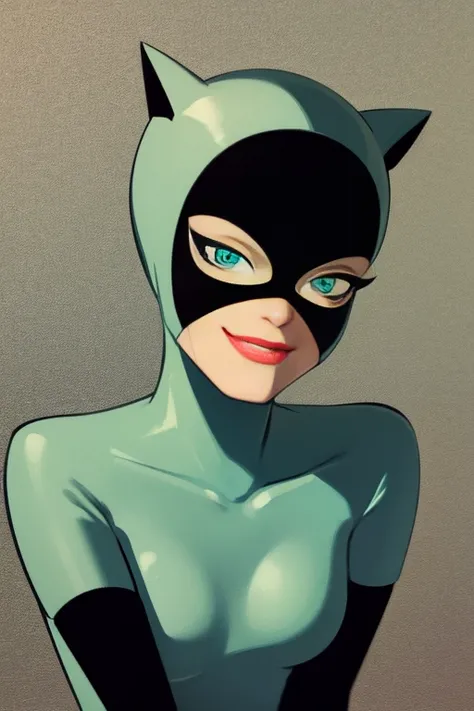 masterpiece, best quality, 1girl, catwoman, solo, closeup, green eyes, mask, lipstick, bodysuit, smile, solid grey background