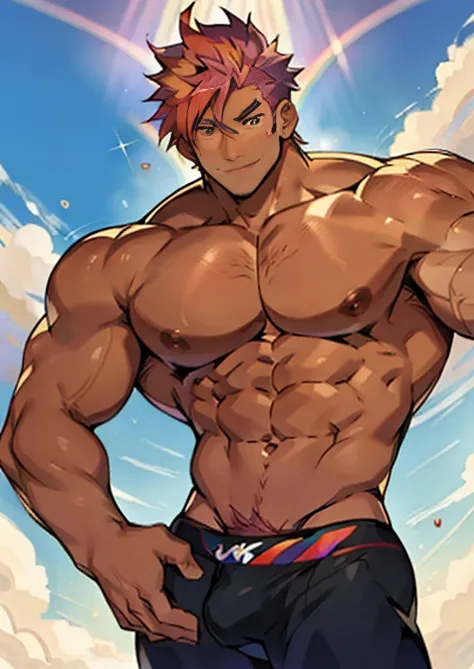 ((Anime style art)), Extremely muscular masculine character, tan skin,  rainbow hair,  erotic, 8 pack abs, huge bulge, smirk,!