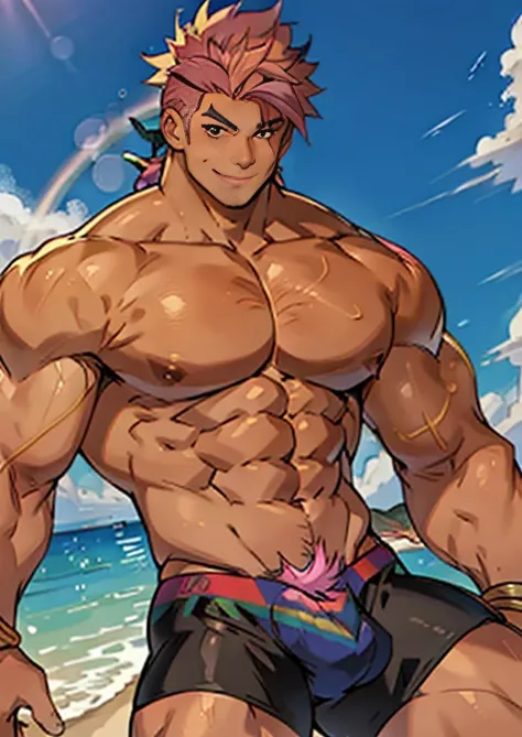 ((Anime style art)), Extremely muscular masculine character, tan skin,  rainbow hair,  erotic, 8 pack abs, huge bulge, smirk,!