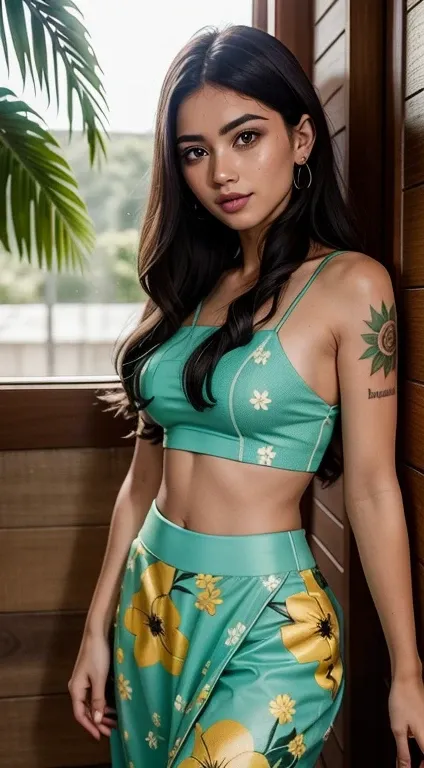 Tattooed girl from Malaysia, muito longo, verde, cabelo brilhante com um grande topete, Use baju kurung floral vermelho pastel, sorrindo, cabelos brancos muito longos, use um colar de ouro, front elevation, muito longo, ondulado, cabelos brancos, Unordentl...