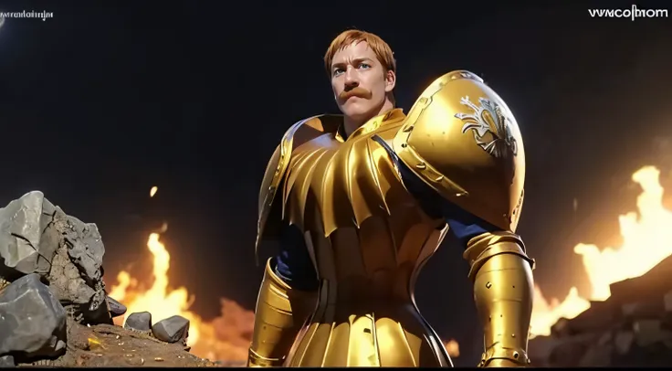 escanor, gold armor, full body armor, upper body, detailed eyes, detailed face, solo, 1boy, realistic