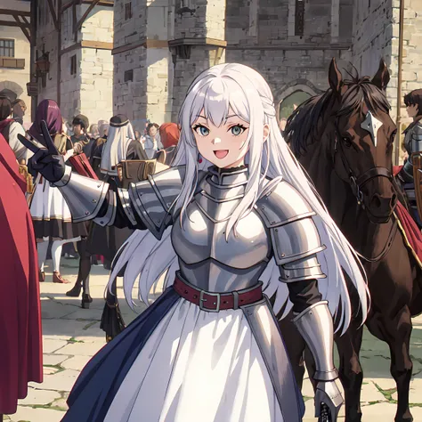 Portrait of a solo smug female knight wearing a beautiful dress mixed with steel knight armor in a medieval high fantasy ISEKAI setting, vibrant colors, upbeat tone, energetic, happy to see you, 90s, vintage feel