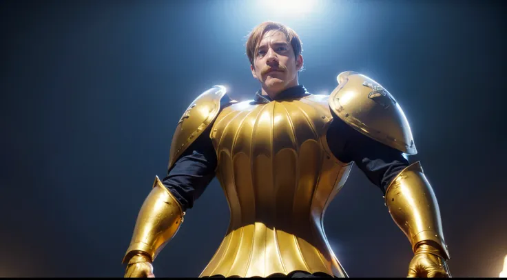 escanor, gold armor, full body armor, upper body, detailed eyes, detailed face, solo, 1boy, realistic