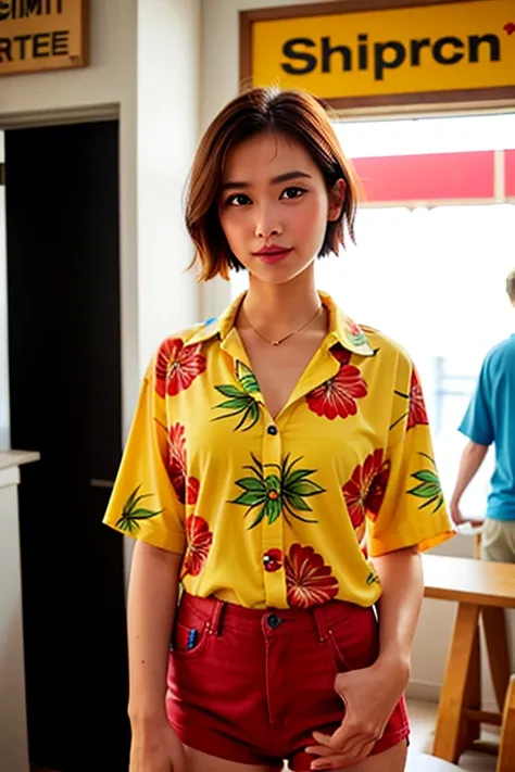 （Wearing a long Hawaiian shirt at a surf shop）、（Short Bob Hair）Long aloha shirt with red and yellow pattern、shopping、20 year old woman standing normally、