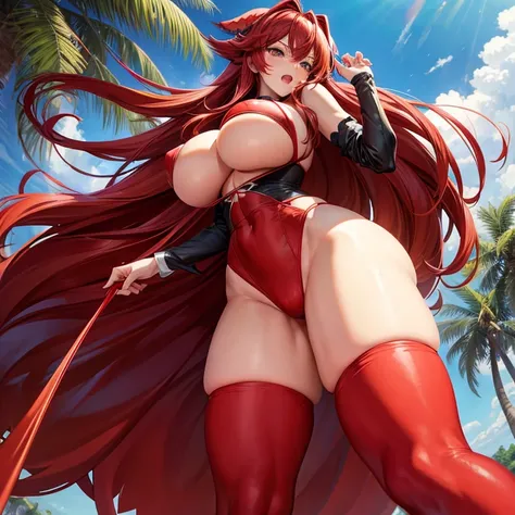 Rias Gremory in tight red bikini with black stockings with big thighs and big breasts in high resolution with an angle from below showing her body...