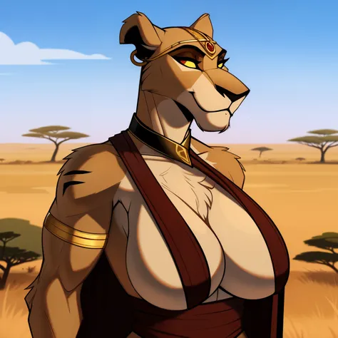 Tall_muscular_mature_lion full_breasts female scars hazy_sky savanna solo Masterpiece best_quality absurdres highly_detailed cleanly_drawn_eyes anthro_only by_claweddrip, by_greasymojo, by_underscore-b, by_runawaystride circlet bracers gorget neck_hoops ho...