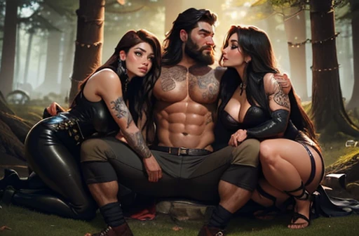 Muscular Handsome (((short-haired))) barbarian man absolutely surrounded and being hugged and touched by (((three))) sexy Goth witch women harem girlfriends bitches feeling his muscles, women: curvy with wide hips, three of the hottest women to ever live  ...