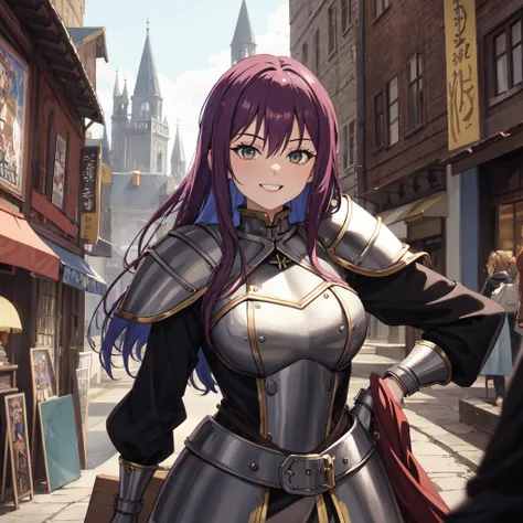 Portrait of a solo smug female sorcerer beautiful dress mixed with steel armor in a medieval high fantasy ISEKAI setting, vibrant colors, upbeat tone, energetic, happy to see you, 90s, vintage feel