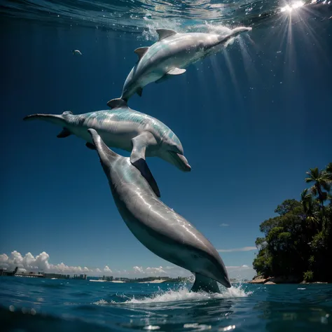 Picture Lionel Messi, the famous soccer player, riding a dolphin gracefully through the water, perhaps with a soccer ball at his feet showcasing his legendary skills even on a dolphins back.