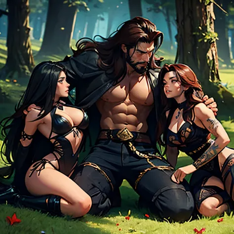 Muscular Handsome (((short-haired))) barbarian man absolutely surrounded and being hugged and touched by (((three))) sexy Goth witch women harem girlfriends bitches feeling his muscles, women: curvy with wide hips, three of the hottest women to ever live  ...