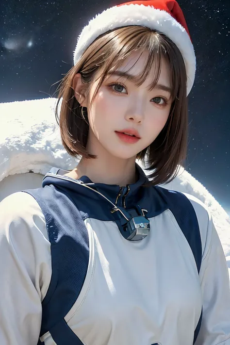 top-quality、​masterpiece、超A high resolution、(realisitic:1.4)、Beautuful Women１、Beautiful detail eyes and skin、ssmile、Light brown short-cut hair、The perfect spacesuit、spaceships、cosmic space、iced&Snow Planet、cloudy ash sky、weak sunshine、santa hat、