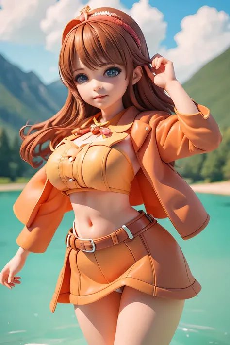 Anime Girl, (Cowgirl costume), Colossal tits, Brown hair, ((Shorthair)), With the lake in the background