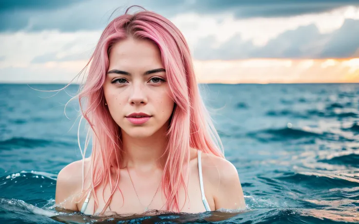 pink hair, analog style, RAW photo, photography, hyper photorealistic, sharp focus,  photo of woman swim in middle of the sea, (half body inside water:1.3), wet, day time, clear cloudy sky, an island far in background, soft natural raw lighting, highly det...