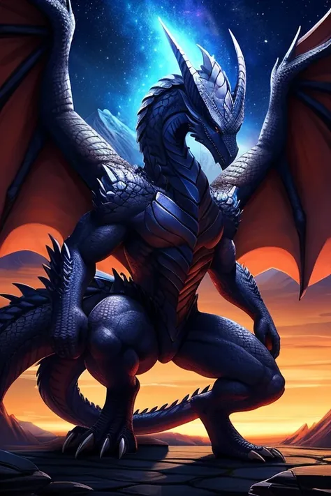 A male anthro bahamut from Final Fantasy 14, with huge dragon wings. The image should be a masterpiece, with high definition and high quality. The bahamut should be extremely detailed, with intricate scales and sharp claws. The dragon wings should be majes...