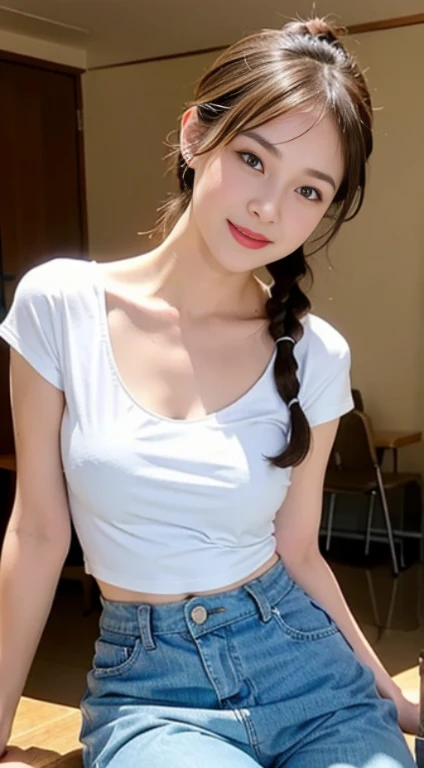 1 Pretty girl，wetclothes,,white skinned，Brown hair，shorter pants，looking at viewert，pony tails，cafe shop，Brown eyes，Reality speaks louder than gestureigchest，Colossal tits，ssmile，low chest