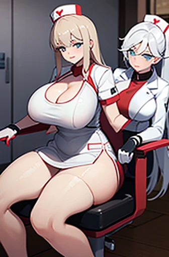 hospital, latex nurse suit,nurses,busty,elbow gloves,labcoat,silverhair woman,green eyes , gigantic boobs ,medical instruments,asian nurse,two nurses,speculum,examination room,oversize boobs, ,big ass ,strap on, lay on table ,legs spreaded,giving birth,gyn...