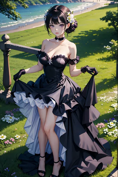 masterpiece, best quality, extremely detailed 8K wallpaper, 1girl, outdoors, ,strapless dress, dress, layered dress,white flower, hair ornament, purple eyes, (choker), outline, (black gloves), bare legs