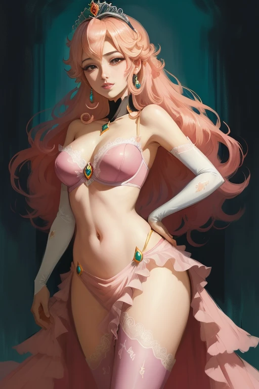 Princess Peach, olhos azuis, Vestido rosa e preto sexy, elegante, fundo preto, escorregadio, clivagem, coroa, lacy bra, cabelo loiro, sedutor, sedutor, (2d anime bonito:1.3), Vixip, pastel background, design por Yusuke Kozaki, oil by Gregory Manchess; Surp...