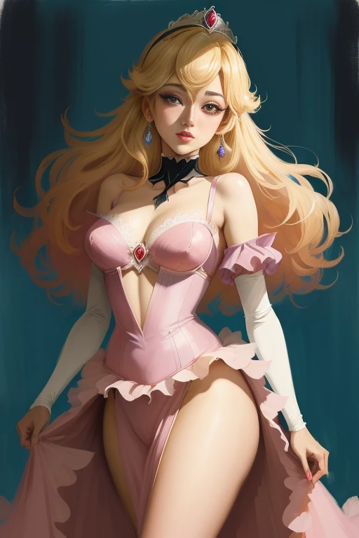 Princess Peach, olhos azuis, Vestido rosa e preto sexy, elegante, fundo preto, escorregadio, clivagem, coroa, lacy bra, seios enormes, blond hair, sedutor, sedutor, (2d anime bonito:1.3), Vixip, pastel background, design por Yusuke Kozaki, oil by Gregory M...