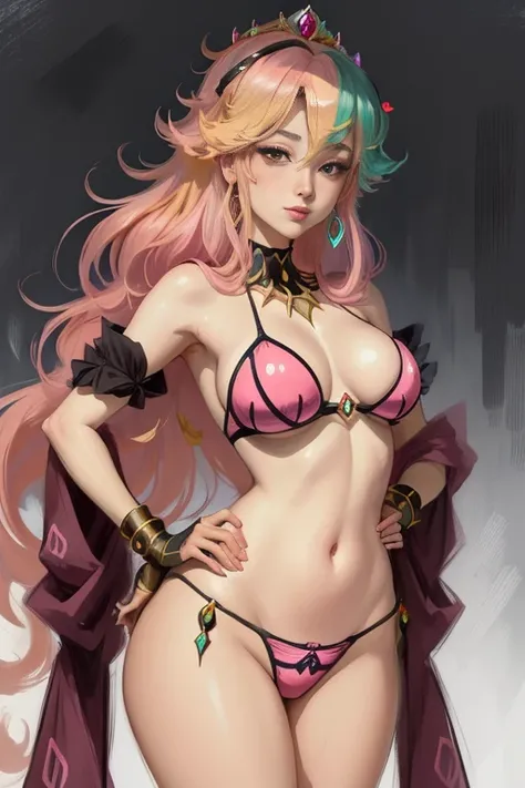 Princess Peach, olhos azuis, sexy pink and black bikini, elegante, fundo preto, escorregadio, clivagem, coroa, Athletic body, Seios enormes, cabelos loiros, sedutor, sedutor, (2d anime bonito:1.3), Vixip, pastel background, design por Yusuke Kozaki, oil by...