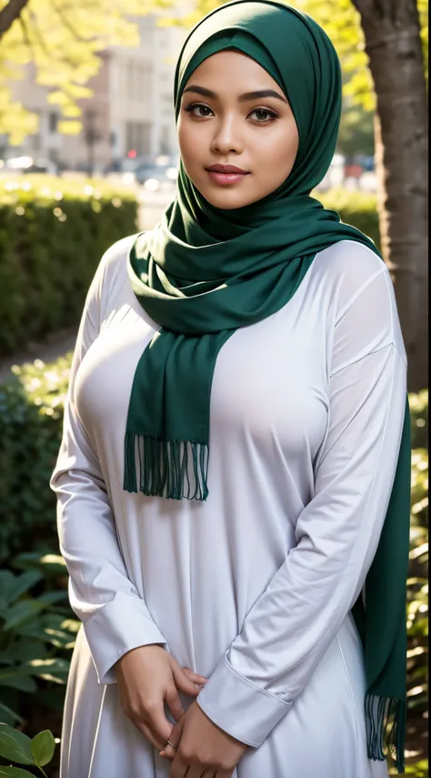 RAW, Best quality, high resolution, masterpiece: 1.3), beautiful Malay woman in hijab,Masterpiece, perfect fit body, (Huge breast), big orgeous eyes, Soft smile,woman in a green scarf standing in a city garden, lovely woman, hijab, malay, Beutifull girl, w...