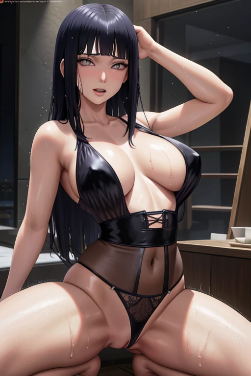 hinata hiuga sexy sensual mature woman wearing transparent revealing lingerie well proportioned body huge breasts large prasero slim waist sensual pose hinata has a look full of having sex she has a wet body she has long hair wet body a lascivious look exh...