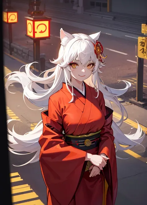 1girl in, Yellow eyes, Long hair, White hair, Smiling appearance, Red kimono, Large breasts, lightsmile, arms behind back, Hair Ornament, Animal ears, (toyota AE86),