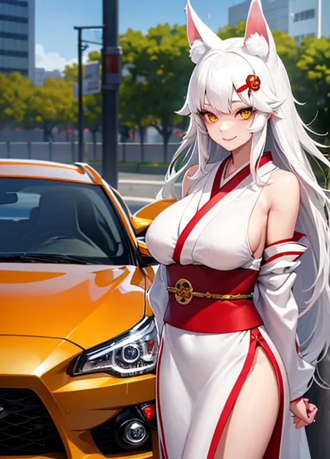 1girl in, Yellow eyes, Long hair, White hair, smiling face, Red kimono, Large breasts, lightsmile, arms behind back, Hair Ornament, Animal ears, super realistic car、(toyota AE86),